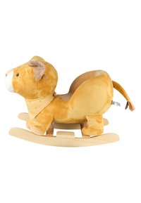 Schaukelnder Löwen-Spielzeug aus weichem, gelbem Material mit einer angenehmen Textur, detailliertem Gesicht, schlaffen Ohren und einem Holzschaukelgestell. Sicher für Kinder.