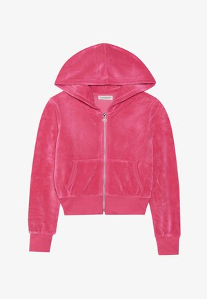 Sudadera con cremallera de terciopelo rosa, con bolsillos frontales, puños acanalados y capucha, tendida plana sobre un fondo blanco.
