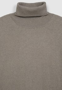 Pullover a collo alto grigio chiaro, texture lavorata a maglia, scollatura a costine e tessuto morbido con un aspetto leggermente melangiato.