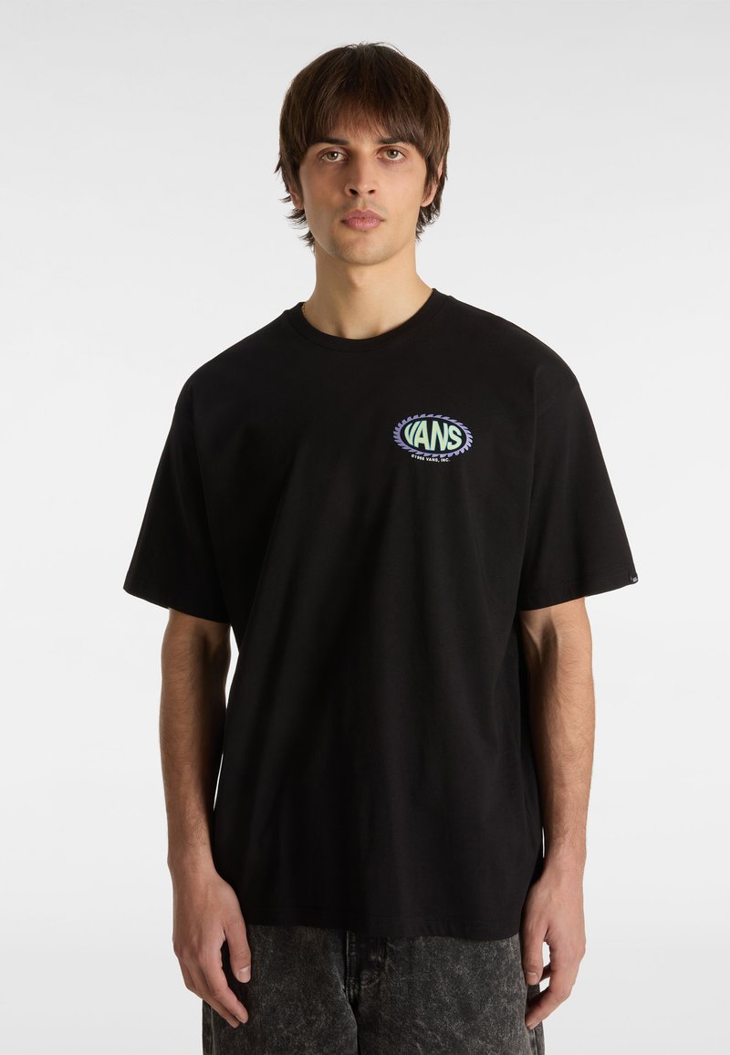 Black short-sleeve t-shirt made of cotton with a round neckline. Front features a circular logo with "VANS" in blue and white, surrounded by leaves.