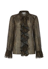 Schwarze und goldene transparente Bluse mit geraffter Vorderseite, langen Ärmeln mit Rüschenbündchen und Zebramuster. Leichtes Material.