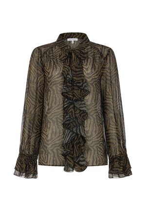 Schwarze und goldene transparente Bluse mit geraffter Vorderseite, langen Ärmeln mit Rüschenbündchen und Zebramuster. Leichtes Material.