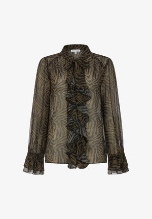 Schwarze und goldene transparente Bluse mit geraffter Vorderseite, langen Ärmeln mit Rüschenbündchen und Zebramuster. Leichtes Material.