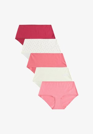 Cinq paires de culottes en coton pour femmes dans différentes nuances de rose et de rouge, avec des couleurs unies et un motif à pois sur une paire.