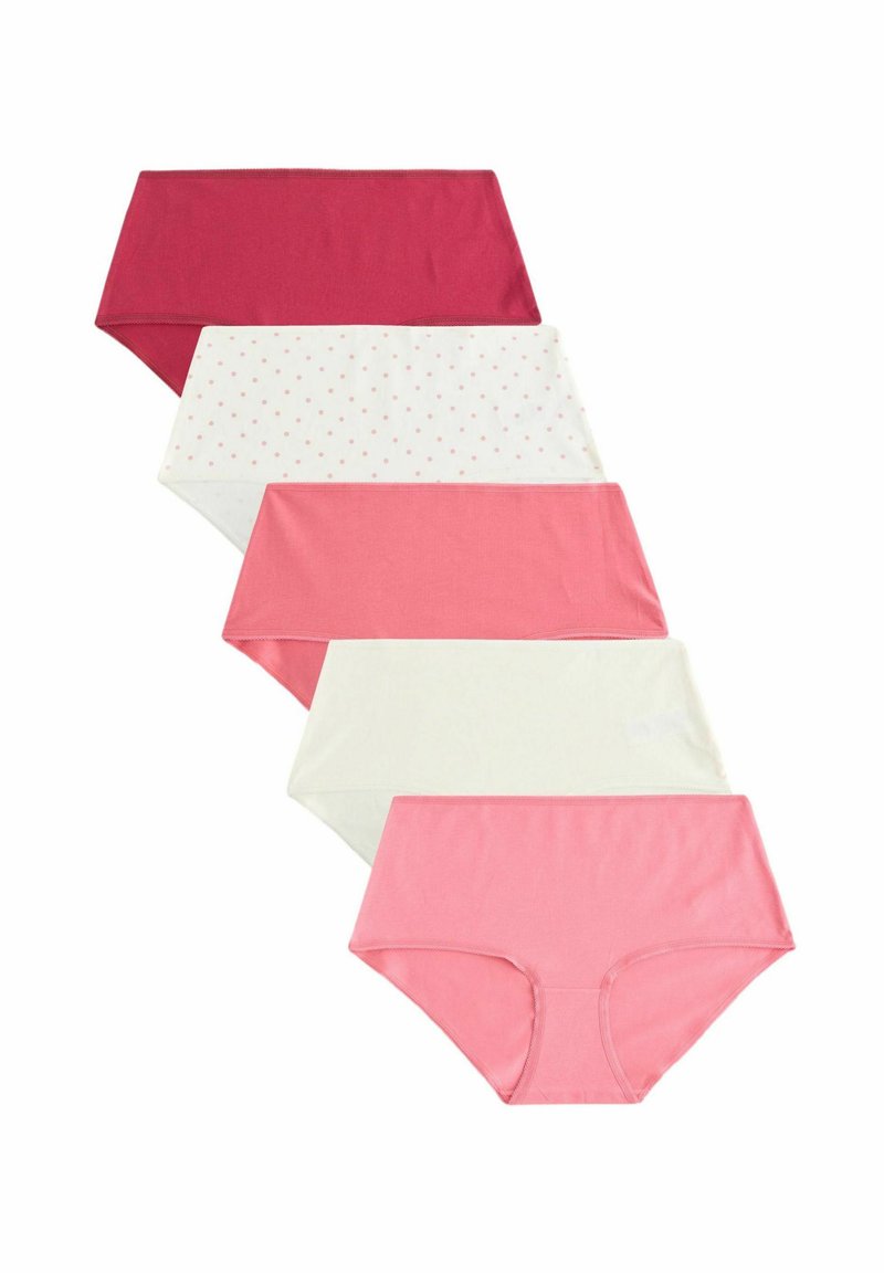 Fünf Paare Damen Baumwollslips in verschiedenen Rottönen und Rosatönen, mit einfarbigen Farben und einem gepunkteten Muster bei einem Paar.