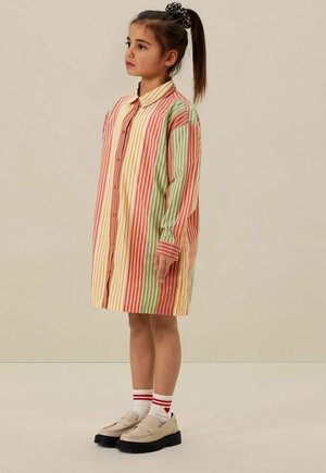 Gestreiftes Hemdkleid in Pastellfarben: Pink, Gelb, Grün. Lange Ärmel, Kragen und eine lässige Passform. Trägt man mit cremefarbenen Loafers und weißen Socken.