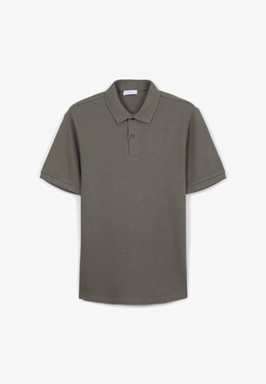 Polo shirt verde oliva realizzato in tessuto testurizzato, con colletto e patta con tre bottoni, maniche corte e orlo dritto.