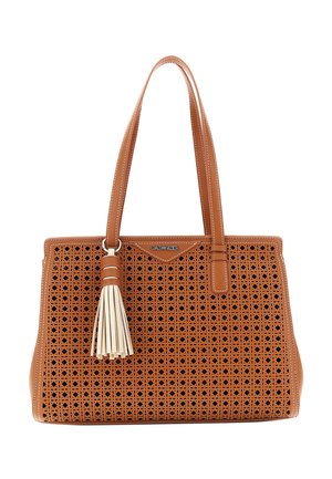 Borsa tote in pelle marrone con motivo floreale traforato, doppi manici e portachiavi con nappina color crema.