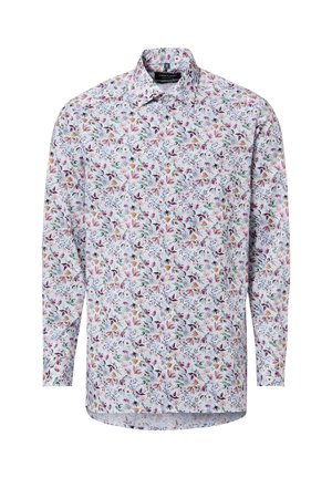 Wit shirt met lange mouwen, voorzien van een kleurrijk klein bloemenpatroon, knoopsluiting aan de voorkant en een standaardkraag.