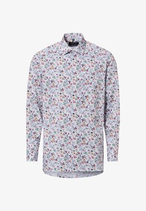 Chemise blanche à manches longues avec un petit motif floral multicolore, devant boutonné et col classique.