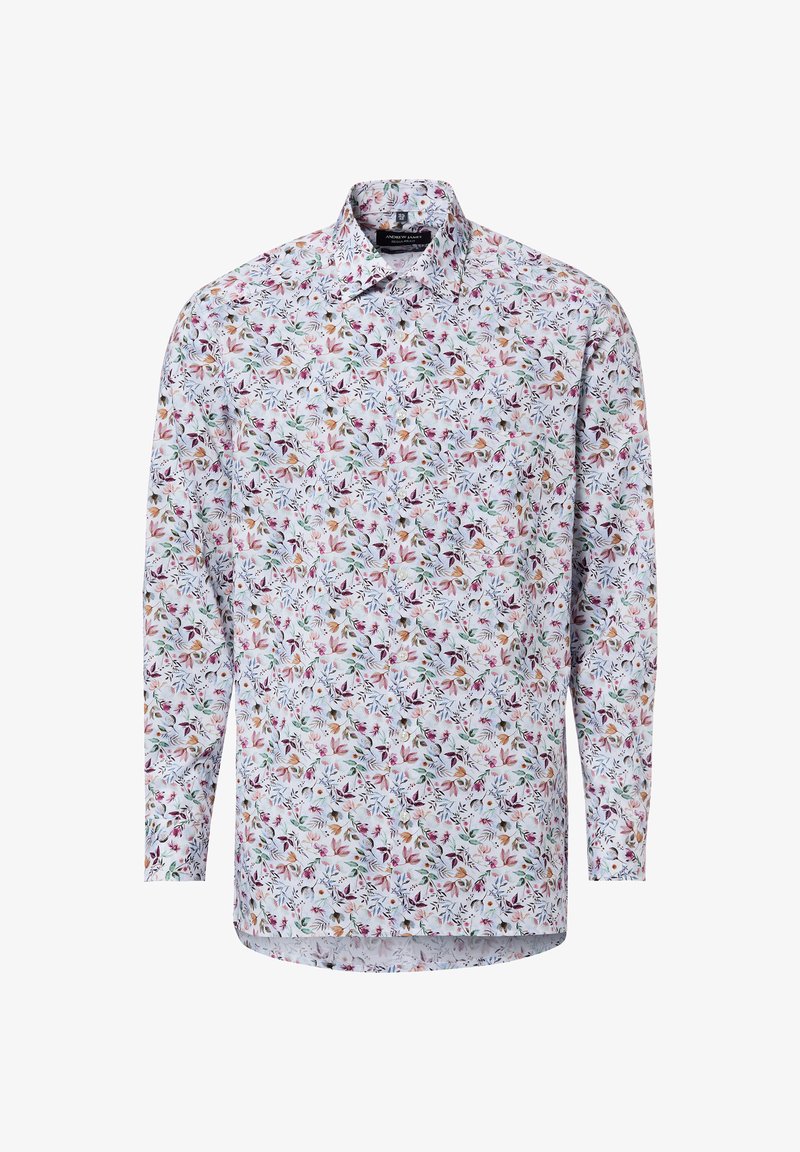 Weißes Hemd mit langen Ärmeln, kleinem, mehrfarbigem Blumenmuster, Knopfleiste vorne und klassischem Kragen.