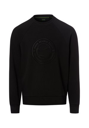 Zwarte sweat met lange mouwen, geribde boorden en een ronde hals, met een verhoogd reliëftennisbal-logo en de tekst "Boss Tennis Club" op de borst.
