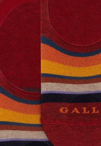 Calzini a righe che presentano una combinazione di colori rosso, arancione, giallo e blu, con tessuto a maglia testurizzato e logo "GALL" in arancione sulla punta.
