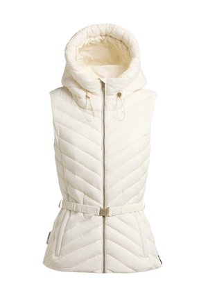 Off-white quiltet, ærmeløs dunvest med hætte, lynlås foran, justerbare snore, sidelommer og et bælte med spænde i taljen.