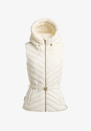 Off-white quiltet, ærmeløs dunvest med hætte, lynlås foran, justerbare snore, sidelommer og et bælte med spænde i taljen.