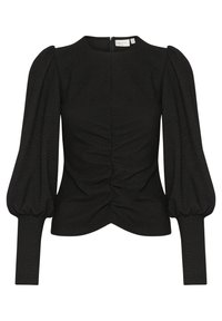Blusa nera con maniche lunghe a sbuffo e collo alto. Presenta arricciature sul davanti, tessuto strutturato e chiusura a goccia sul retro.