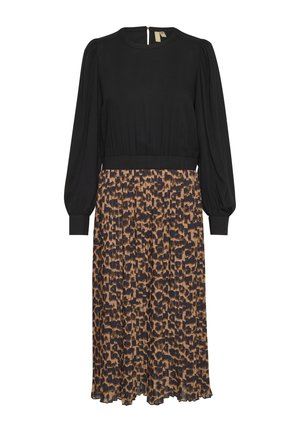 Czarna sukienka z długimi bufkami, dopasowaną talią i plisowanym dołem w panterkę w odcieniach brązu i czerni. Zamek błyskawiczny z tyłu.