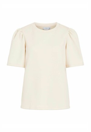 Norsunluunvärinen lyhythihainen paita, jossa on liehupöyhtöhihat, pyöreä pääntie ja sileä pinta. Selkeä muotoilu ilman koristeita tai kuvioita.