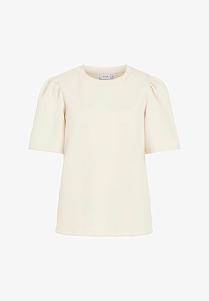 Elevandiluunvärviline lühikeste varrukatega pluus, millel on täidisvarrukad, ümar kaelus ja sile tekstuur. Disain on puhas, ilma kaunistuste või mustriteta.