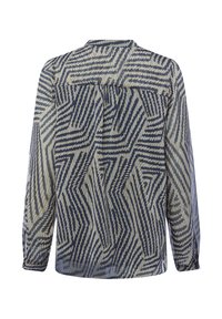 Chemise à manches longues en tissu léger et transparent. Présente un imprimé géométrique en bleu marine et crème, avec un ourlet droit et un détail de patte de boutonnage dans le dos.