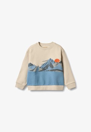Sweatshirt bej cu grafica de munte și soare în nuanțe de albastru, gri și portocaliu. Guler rotund și mâneci lungi cu manșete elasticizate. Textură moale.