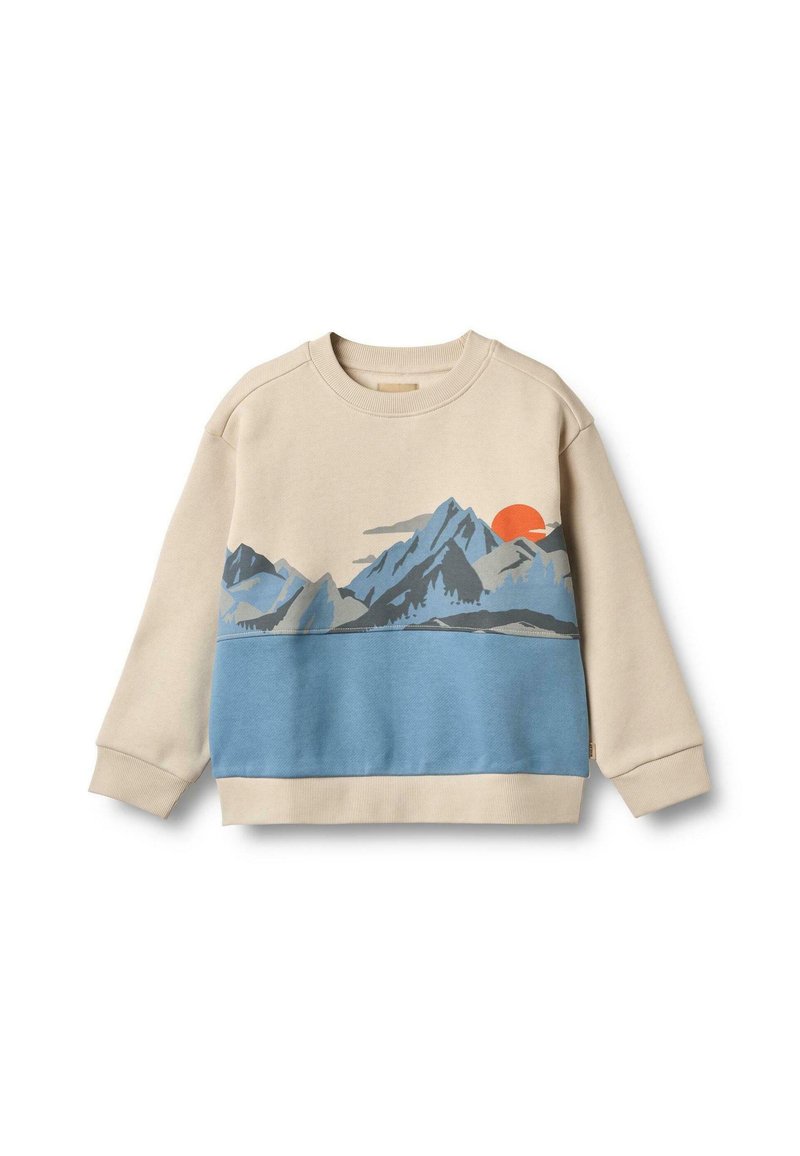 Sudadera beige con gráficos de montañas y sol en azul, gris y naranja. Cuello redondo y mangas largas con puños acanalados. Textura suave.