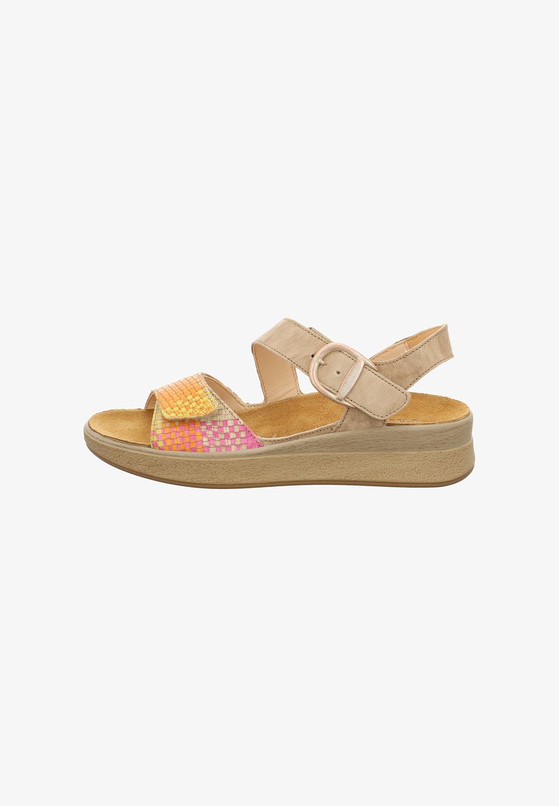 Beige Leder-Sandale mit einem gewebten Muster in Rosa und Orange am Riemen, verstellbarem Schnallenverschluss und einer strukturierten Keilsohle.