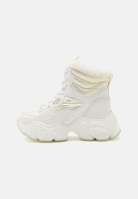 White high-top sneakers featuring a glossy, iridescent finish and faux fur lining, with a chunky sole and lace-up design.