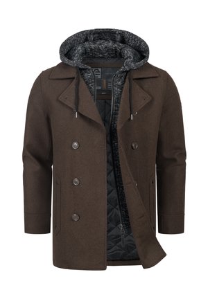 Cappotto doppiopetto marrone con fodera nera con cappuccio a trama, caratterizzato da grandi bottoni, tasche laterali e finitura esterna liscia.