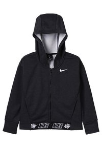 Černá mikina na zip s kapucí, s bílým logem Nike na prsou a označeným lemem na spodním okraji. Hladká textura, neformální design.