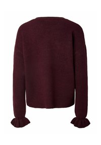 Pull bordeaux foncé à manches longues avec ourlet côtelé et poignets à volants évasés, vu de dos.