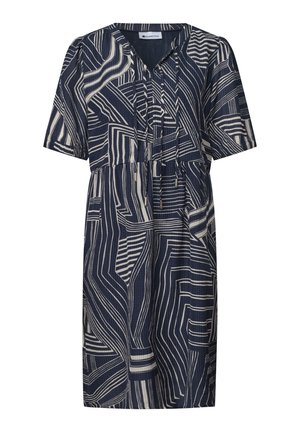 Robe bleu marine longueur genou avec des lignes géométriques abstraites blanches, manches courtes, col en V et taille réglable par cordon.