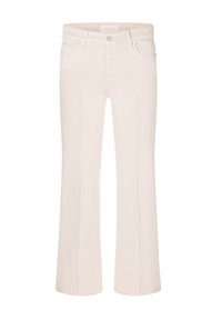 Pantalones acampanados para mujer en beige claro con bolsillos delanteros, trabillas para cinturón y cierre de botón, hechos de tela lisa.