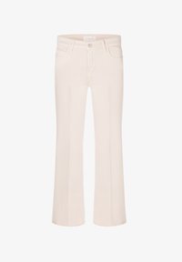 Pantalones acampanados para mujer en beige claro con bolsillos delanteros, trabillas para cinturón y cierre de botón, hechos de tela lisa.