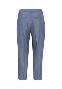 Pantaloni blu su misura con una texture liscia, design cropped, due tasche posteriori e un sottile pattern a trama fine.