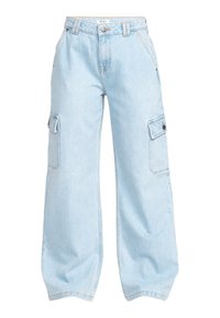 Jean en denim bleu clair à jambes larges avec poches cargo latérales et fermeture à boutons, étiquette ROXY à la taille.