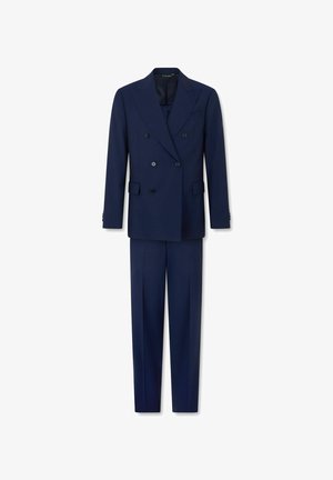 Marineblauwe double-breasted blazer met bijpassende op maat gemaakte broek, voorzien van inkeping revers en klepzakken.