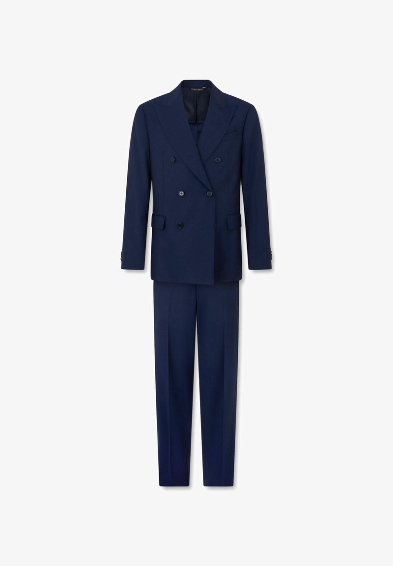 Tmavě modrý dvouřadý blejzr s odpovídajícími na míru šitými kalhotami, s klopami s výřezem a kapsami s klopami.