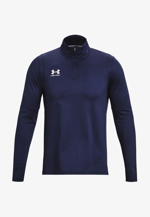 Navy long-sleeve pullover with a quarter-zip collar, made from smooth fabric; features a logo on the left chest and minimal stitching details.