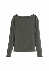 Dunkelgraues Langarmshirt mit Rundhalsausschnitt und strukturierten Oberfläche, die mit kleinen silbernen Punkten verziert ist. Weicher Stoff mit enganliegenden Ärmeln.