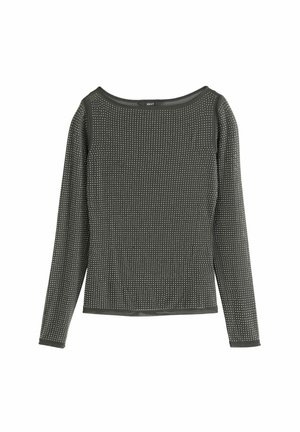 Dark gray long-sleeve top with a round neckline and a textured surface featuring small silver dots. Soft fabric with fitted sleeves.
