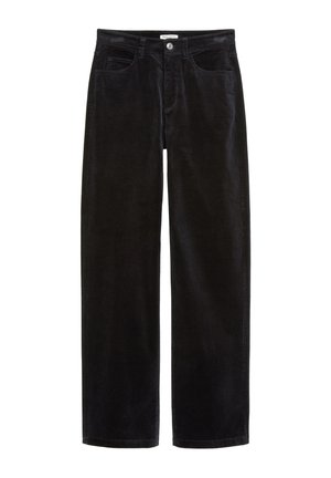 Zwarte corduroy broek met een rechte pasvorm, voorzien van een knoopsluiting, twee steekzakken aan de voorkant en een geribbelde, textuurrijke stof.