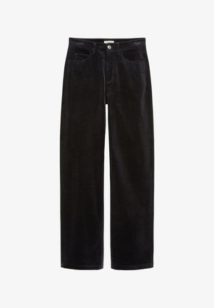 Zwarte corduroy broek met een rechte pasvorm, voorzien van een knoopsluiting, twee steekzakken aan de voorkant en een geribbelde, textuurrijke stof.