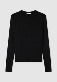 Maglione nero con maniche lunghe, scollatura rotonda, polsini e orlo a coste; texture liscia e design uniforme, realizzato in tessuto a maglia.
