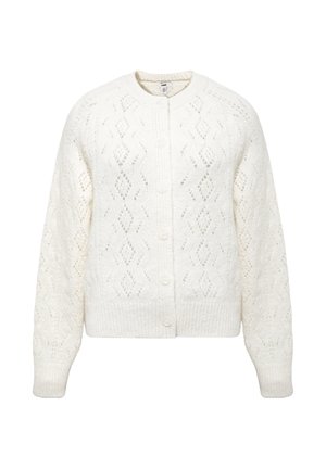 White knitted cardigan with a diamond pattern, round neckline, button closure, and ribbed cuffs; softly textured, lightweight fabric.