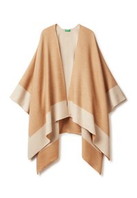 Beige pletený pončo s širokými rukávy a otevřeným předním dílem, zdobené světle béžovými pruhy podél spodního lemu. Měkká textura a splývavý design.