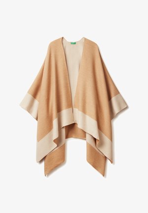 Poncho lavorato a maglia beige con maniche ampie e apertura frontale, caratterizzato da strisce beige più chiare lungo l'orlo. Texture morbida e design drappeggiato.