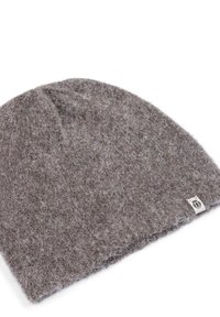 Gray wool beanie with a soft, fuzzy texture. Tapered design with a small label on the side, showcasing a natural, muted color.