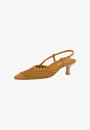 Tan slingback shoe with a pointed toe, lace-like cutouts, small heel, and adjustable strap. Made of leather with a smooth texture.