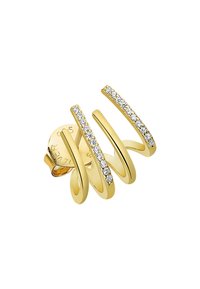 Boucle d'oreille en métal doré présentant trois bandes en spirale, dont deux ornées de cristaux transparents. Texture lisse avec finition polie.